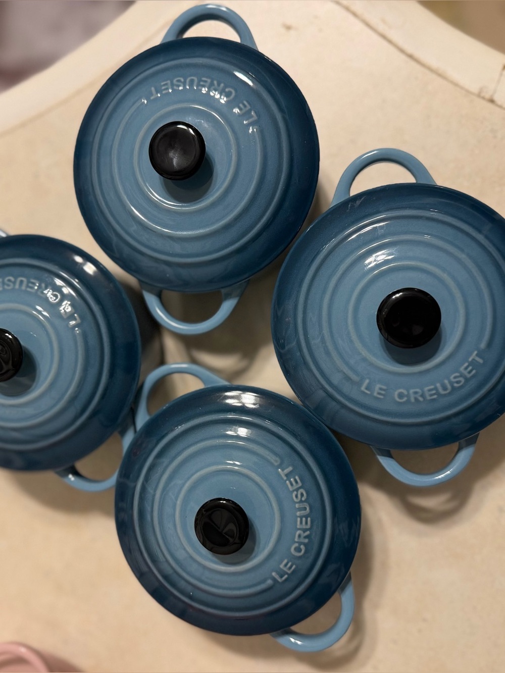 Le Creuset set of 4 Mini Coccottes MARINE BLUE! NWT Black knobs!